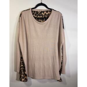 Easel Leopard Print Contrast Top 1X Beige Knit Oversized Casual
